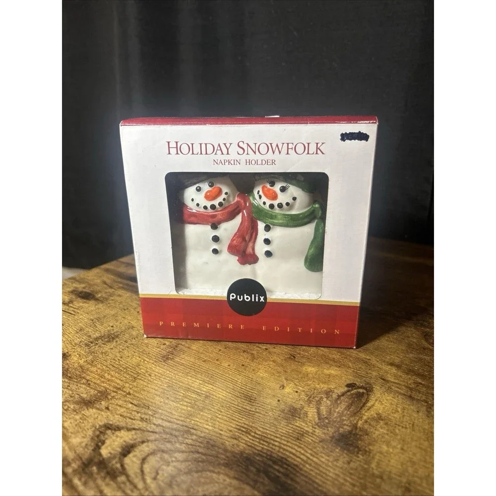 Snowfolk Napkin Holder Publix Holiday Collectible Ceramic Snowmen Red Green NIB